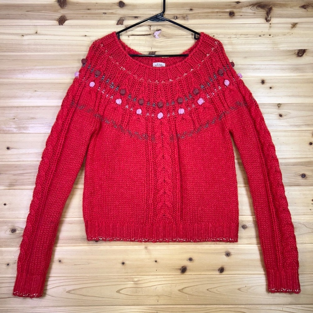 byTimo Sweater Womens Medium Red Angora Wool Cableknit Chunky Pompom Sweater